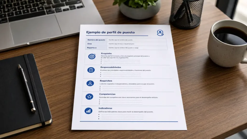 Ejemplo de perfil de puesto para recursos humanos con responsabilidades, requisitos y competencias.